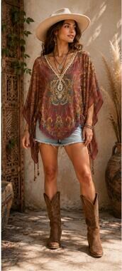 Paisley Embellished Burgundy Green Boho Kaftan Poncho Top One Size